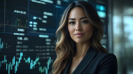 Obraz premium Successful Businesswoman Overlooking Rising Financial Data Displays in Futuristic Corporate Setting
