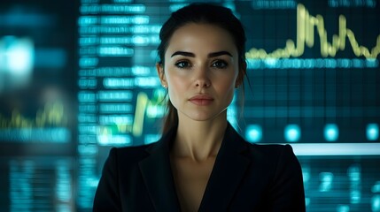 Confident Businesswoman Standing Before Futuristic Financial Charts