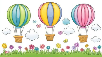 Whimsical Balloons Flying Amidst Flowers Vector Graphic for Children's Designs and Celebrations with a Bright Cheerful Aesthetic