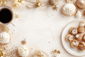 Obraz premium Xícara de café elegante com detalhes dourados, acompanhada de doces e decorações festivas em fundo branco, criada com IA generativa para um visual sofisticado e convidativo