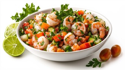 Delicious shrimp ceviche with fresh vegetables in white bowl on bright white background