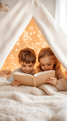 Two siblings reading storybook together in cozy tent, surrounded by warm lights, creating magical atmosphere of joy and imagination
