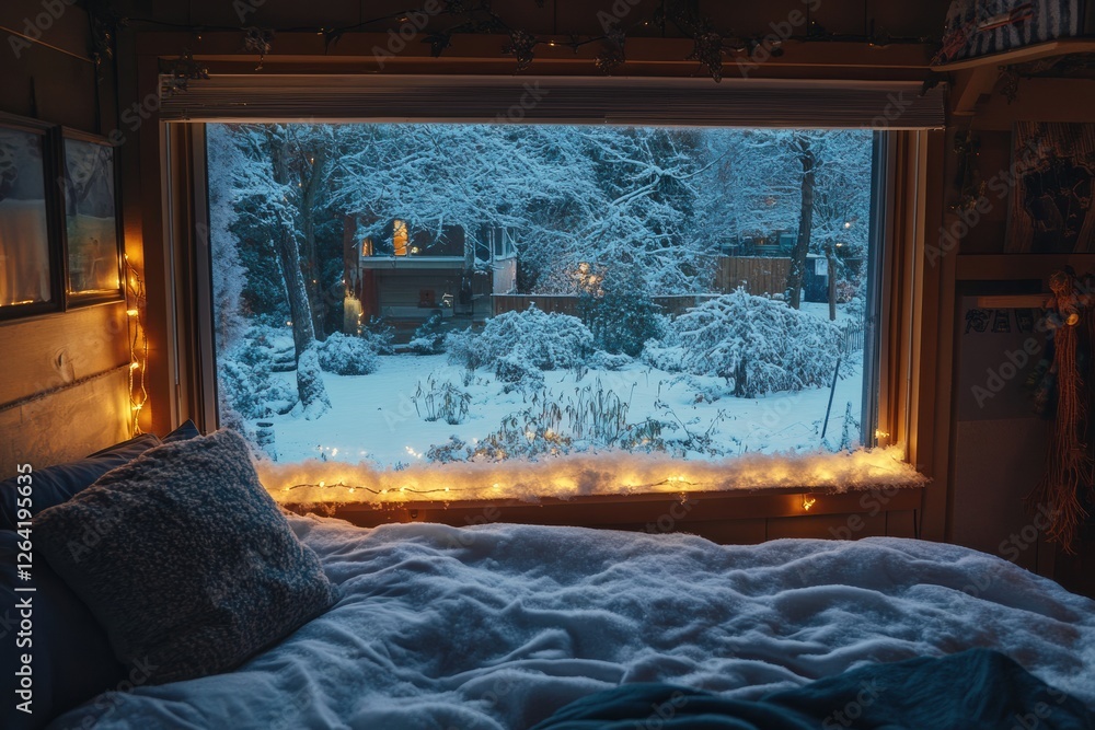 Canvas Prints Cozy bedroom view of a snowy winter landscape with fairy lights illuminating the window. Generative AI