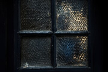 A dark window with textured glass and wooden frame