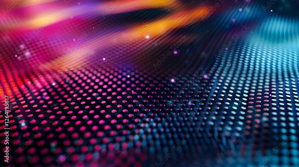 Poster vibrant abstract digital background with colorful dots creating a wave effect, ideal for tech design