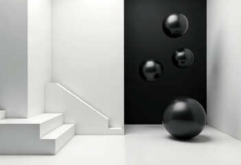 Abstract Black Spheres Minimalist Modern White Room Design
