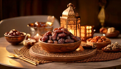 Naklejka premium Beautiful dining table setup with a wide variety of sweet dates ready to eat