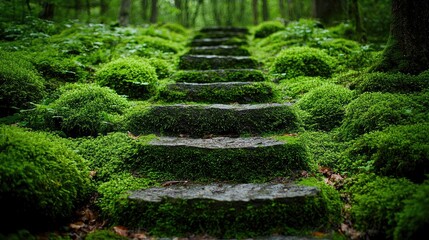 Serene stone pathway through lush green moss in a tranquil forest setting, inviting exploration