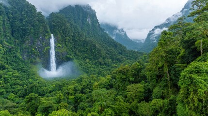 Obraz premium Lush rainforest waterfall, misty mountains, aerial view, nature backdrop