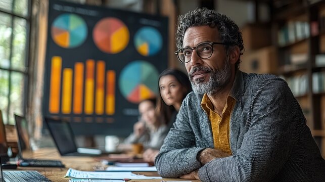 Business meeting in a modern office with diverse professionals analyzing data charts