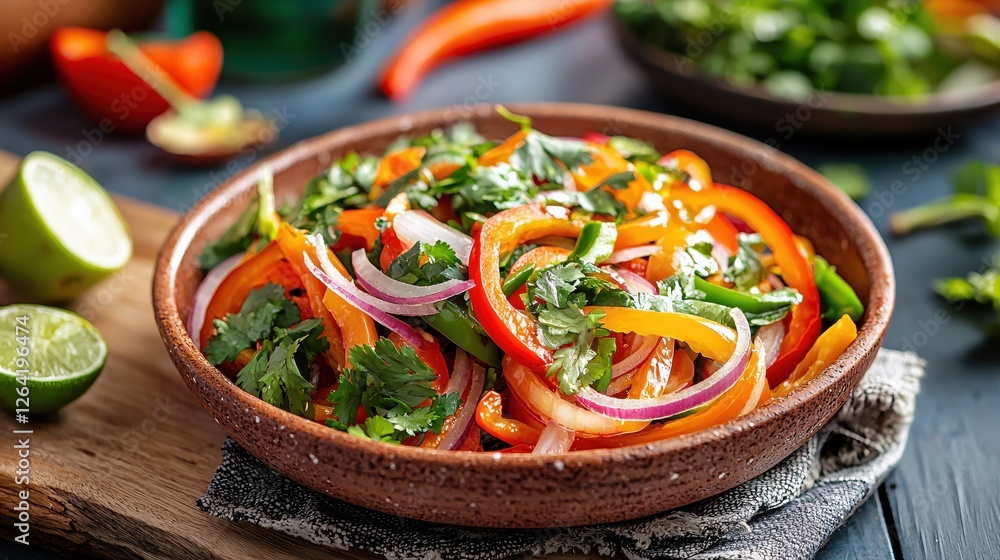Poster vibrant pepper and onion salad with cilantro and lime on rustic wooden table setting