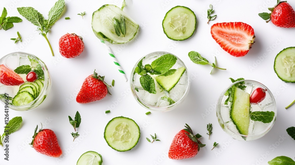 Poster refreshing summer drinks with strawberry cucumber and mint on white background top view layout