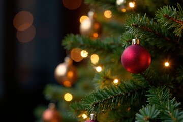 Shimmering lights adorn a beautifully decorated evergreen Christmas tree, evergreen, shiny lights