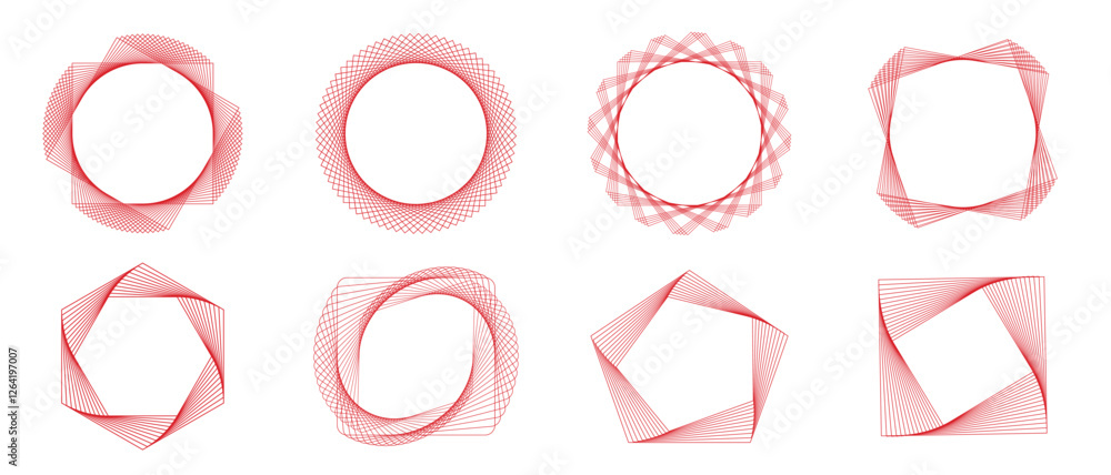Poster set of eight red geometric shapes with intricate patterns. each shape is unique, featuring circles, 