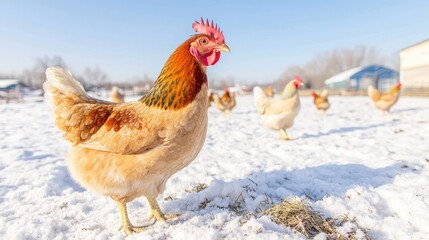 Hen in snowy farmyard, winter sun, background buildings