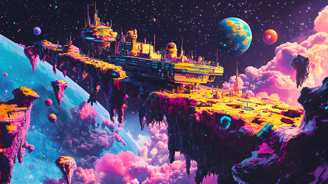 A massive space station orbits above a planet with stars and distant celestial objects creating a futuristic space scene. Cosmic Shipwrecks. Illustration