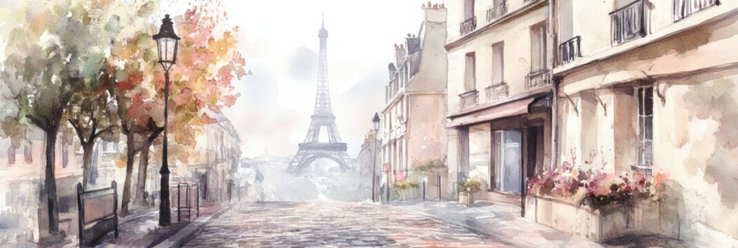 Charming street in Paris with the Eiffel Tower in the background on a misty day showcasing vibrant autumn colors. Generative AI