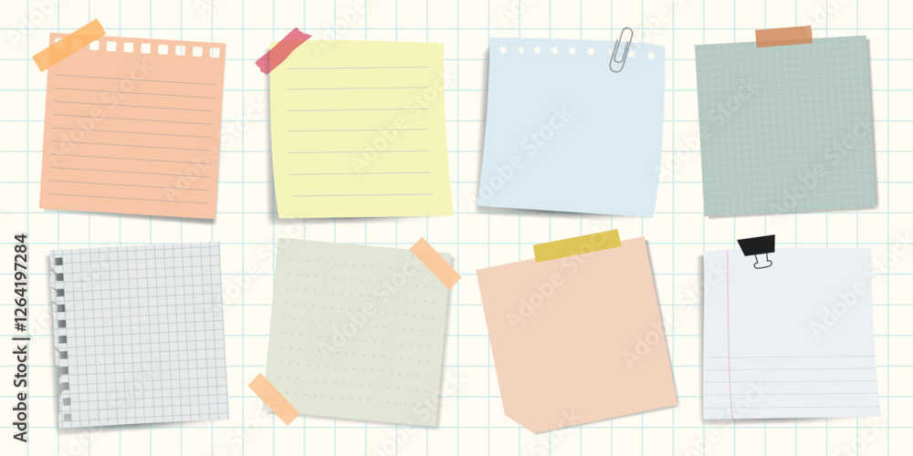Poster collection of colorful sticky notes on a grid background. sticky notes in various pastel colors. not