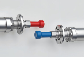 Closeup of two industrial metallic shafts with red and blue end caps, attached to flanges. Precision engineering components, possibly for automation or robotics.