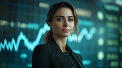 Confident Businesswoman Analyzing Futuristic Financial Charts in Professional Setting