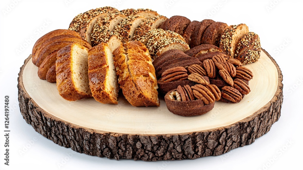 Poster assorted sliced bread display with pecans on rustic wooden board for bakery or food concept