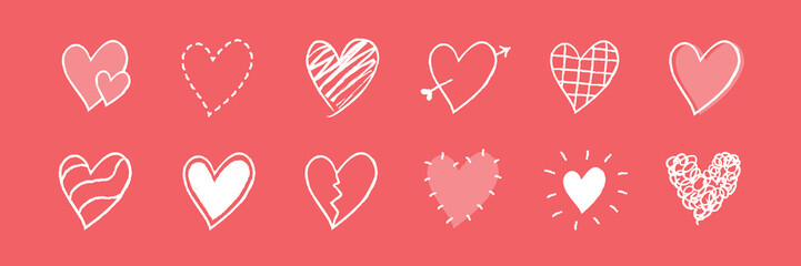 Various hand-drawn heart designs on a red background. Includes sketched, broken, and patterned hearts. Perfect for love, romance, and Valentine's themes. Cute hand drawn love doodle, set. Vectors.