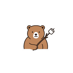 Cartoon Bear Roasting Marshmallow with Stick for Outdoor Fun and Camping