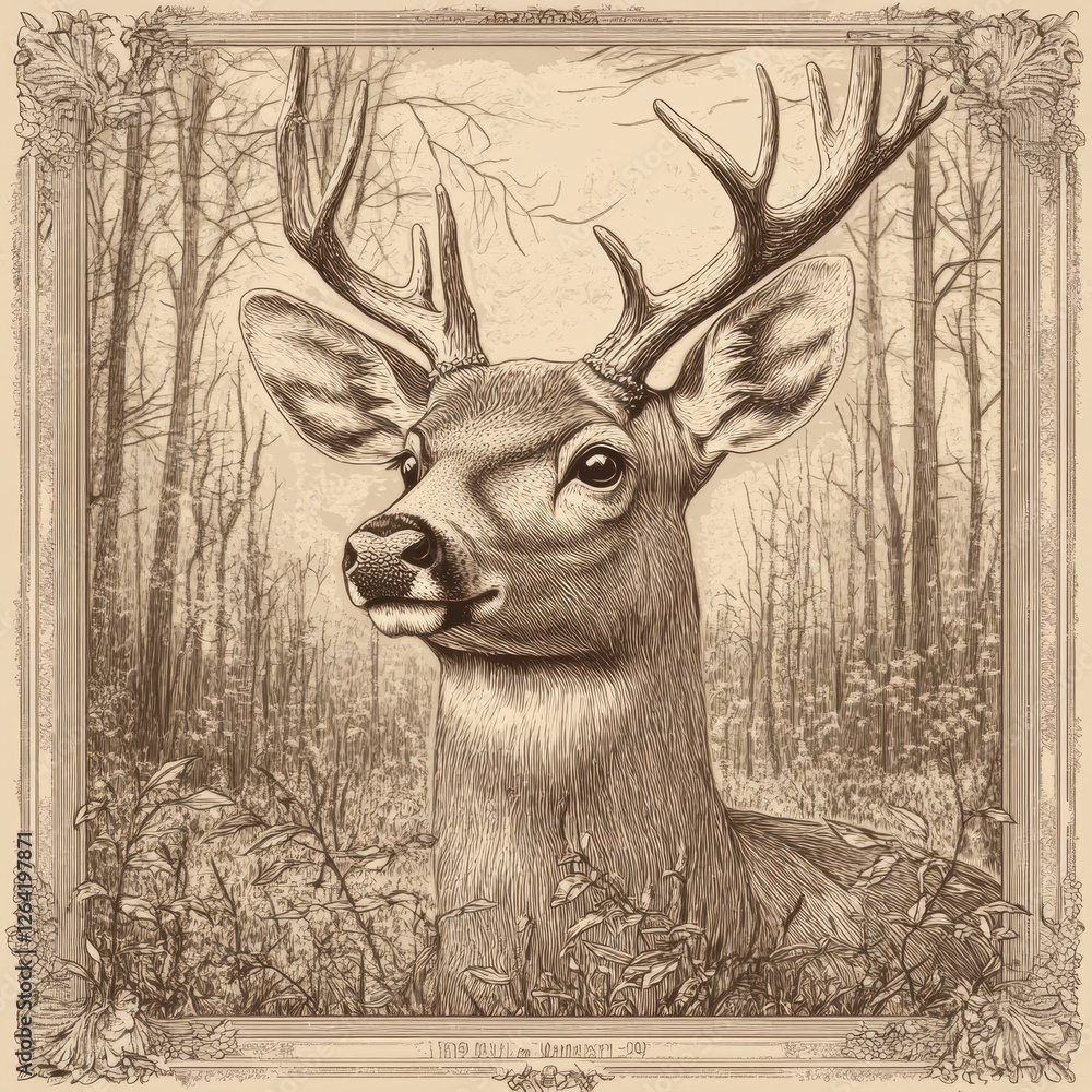 Fototapete intricate engraved deer portrait with detailed line work and sepia tones, perfect for adding persona