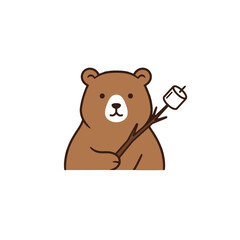 Cute Cartoon Bear Holding Marshmallow on a Stick Ready for Campfire