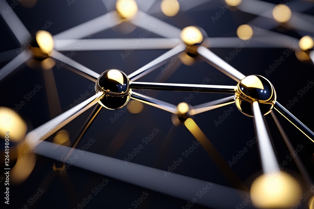 Poster abstract network of connected golden spheres on dark background for technology concepts