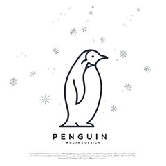 Minimalistic Line Art of a Penguin Surrounded by Snowflakes Design