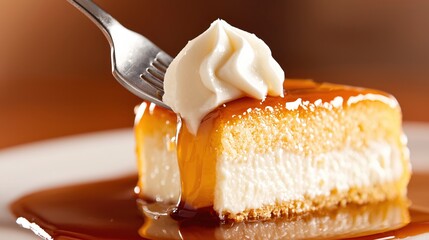 Delicious flan dessert with creamy topping and caramel sauce being eaten with a fork close up