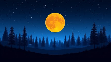 Naklejka premium Pixelated Moonlight Serenity A Lo Fi Nightscape with Glowing Moon and Starry Sky over Misty Woodland,Artistic Pixel Art