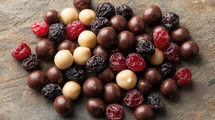 A colorful assortment of chocolate-covered snacks and dried fruits on a rustic stone surface