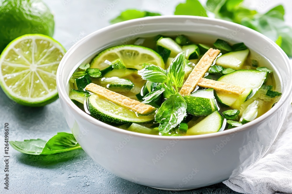 Poster Refreshing Cucumber Lime Soup with Basil Garnish in White Bowl on Textured Gray Surface