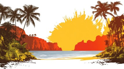 Obraz premium Tropical Coastline Vector Summer Paradise Scenic Seascape Nature Background Silhouette Palm Trees Ocean Sunset Graphic Relaxation