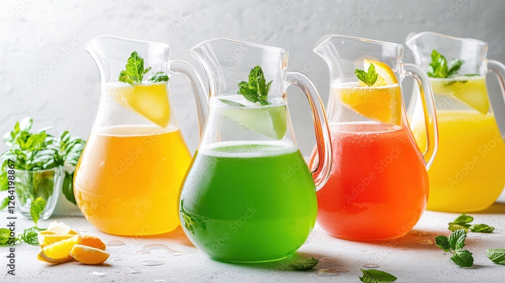 Poster refreshing colorful drinks in glass pitchers with mint and citrus on a bright table top