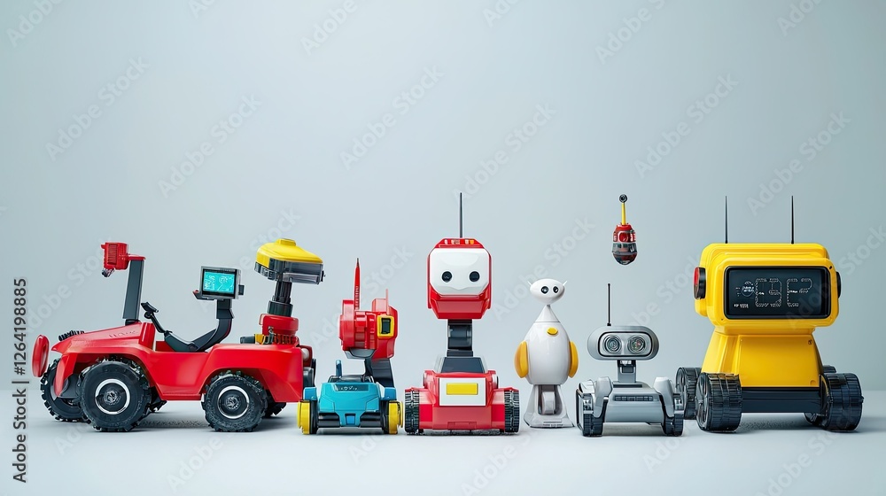 Poster a row of modern electronic toys, including robots and remote-control vehicles. copy space.