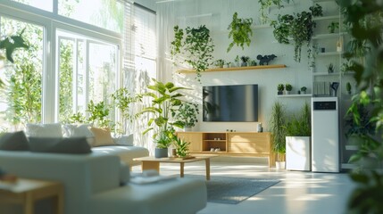 Modern Eco-Friendly Living Room with Abundant Indoor Plants