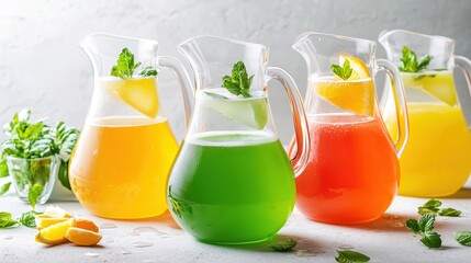 Fototapeta premium Refreshing colorful drinks in glass pitchers with mint and citrus on a bright table top