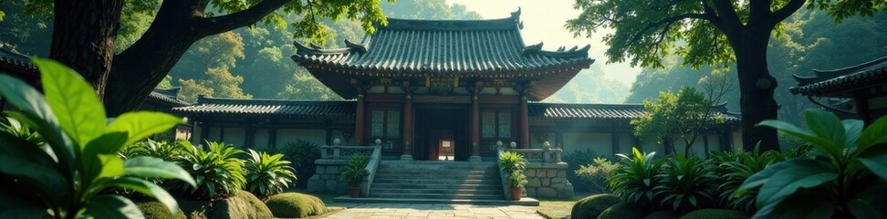 Fototapeta premium Shrouded temple entrance amidst dense foliage, foliage, jungle, exotic leaves