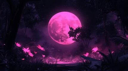 Pixelated Pink Moon Rising Through Mystical Woodland Digital Artwork Evoking Nostalgia and Surrealism for Artistic Expression