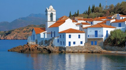 Fototapeta premium Idyllic seaside village with white buildings and orange roofs on rocky coast reflecting on tranquil turquoise water long shot