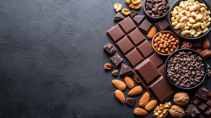 Assorted nuts and chocolates arranged on a dark stone surface, creating a visually appealing snack display