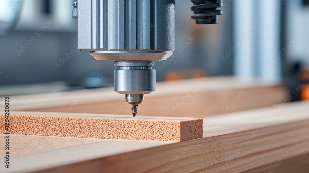 Poster close-up view of a cnc router bit preparing to cut precise shapes in a wooden board in a workshop se