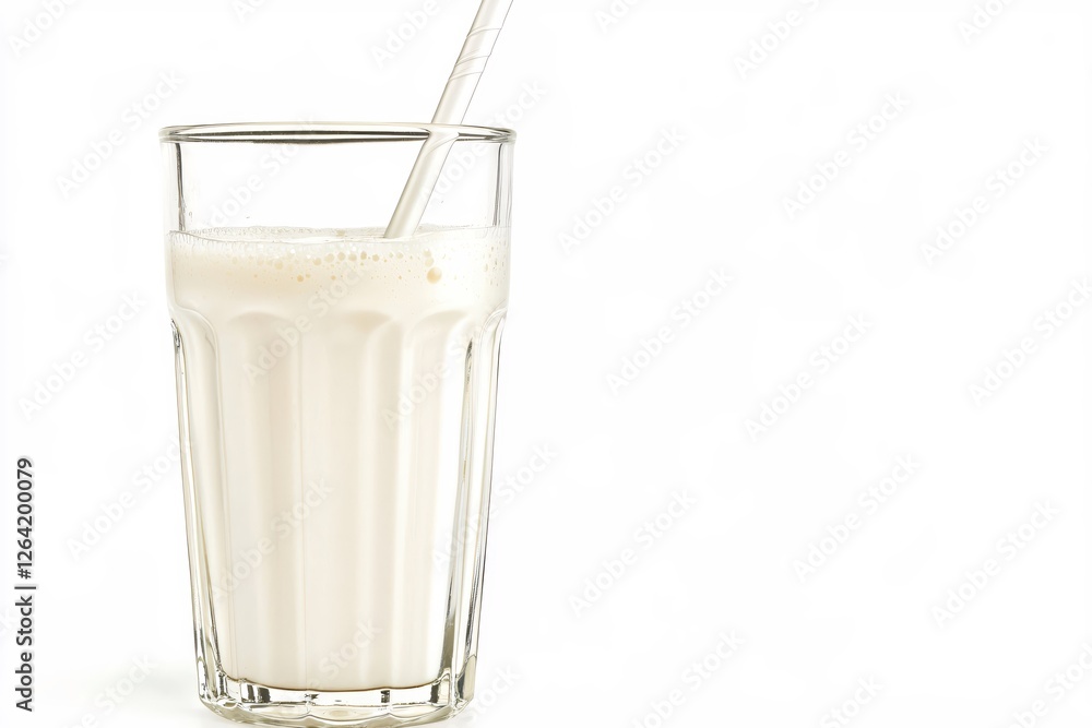 Poster refreshing milk in a glass with straw on white backdrop minimalist clean and simple style