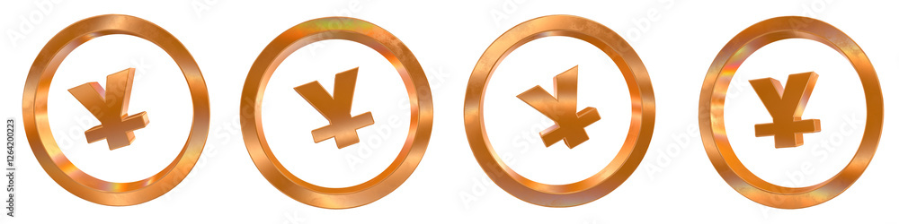 Poster set of 4 3d yuan coin outline shapes with golden and rainbow effects isolated on a transparent backg