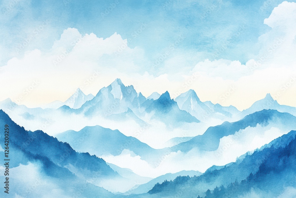 Poster majestic blue mountain landscape with soft clouds and mist enveloping peaks at dawn. generative ai