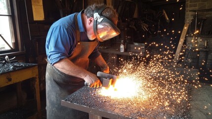 A blacksmith in a heatproof apron and face shield, shaping a glowing-hot metal piece with an angle grinder, with bursts of sparks lighting up the forge.