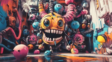 Vibrant monster sculpture with playful features.